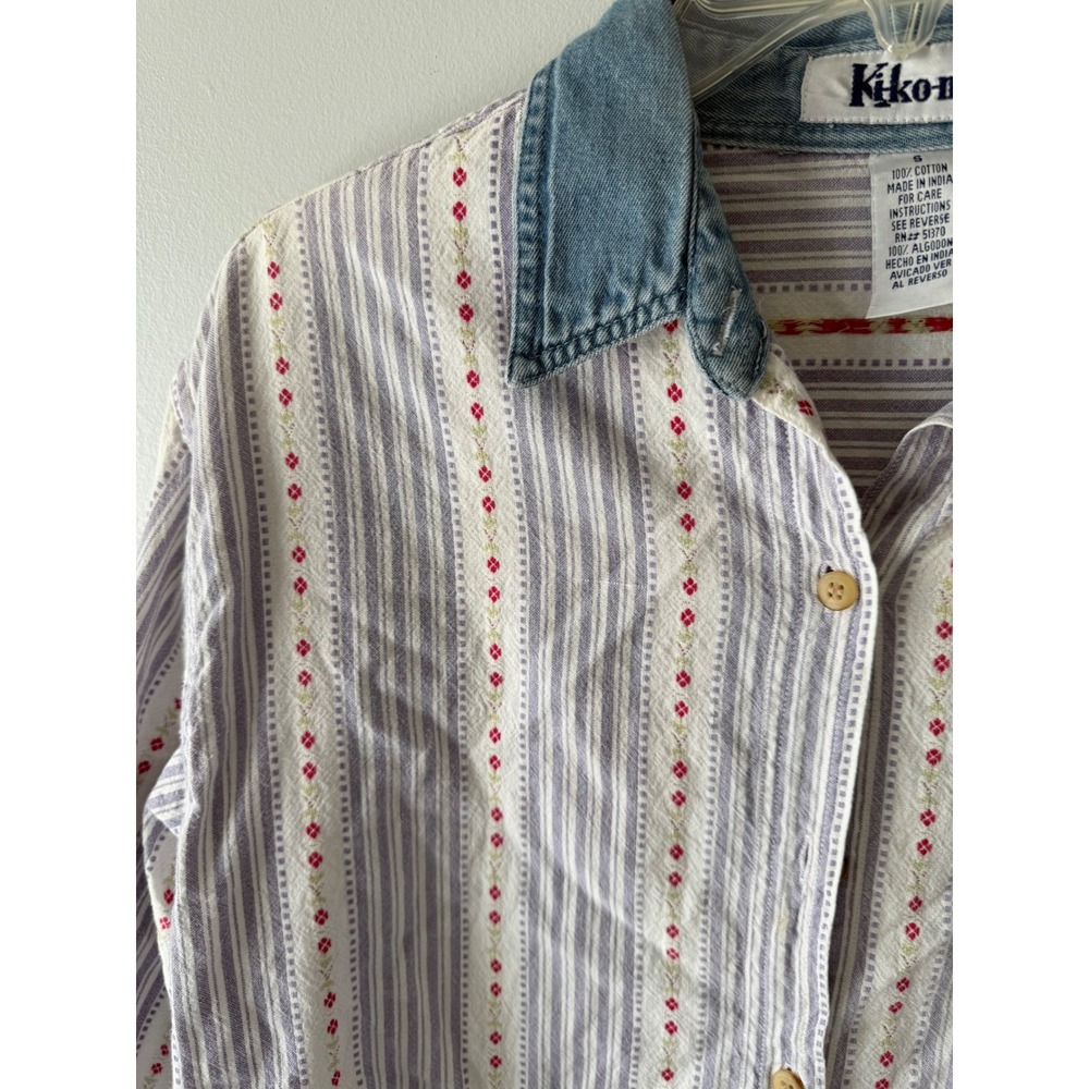 Kiko-mo Vintage 100% Cotton Button Down Shirt Striped Floral Denim Collar Small - Picture 5 of 7